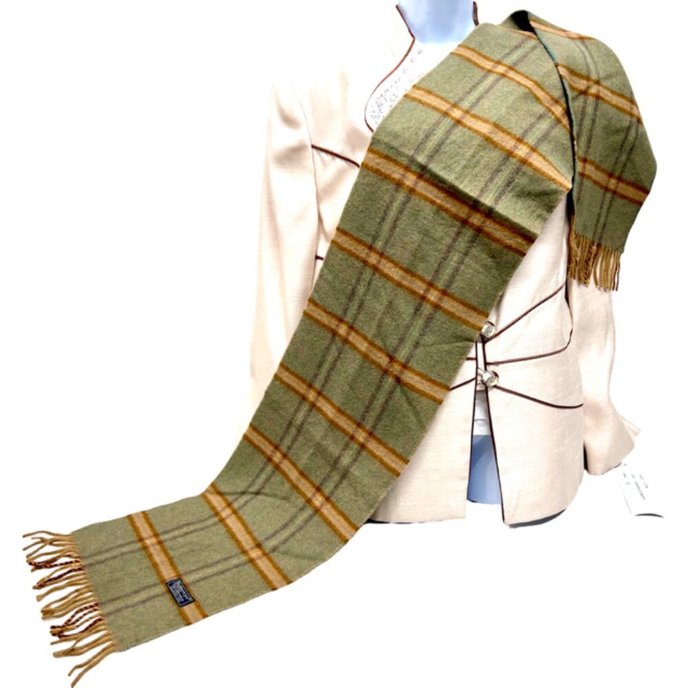 Men-Women Burberry Of London  Scarf 100% Wool Olive Beige Plaid Fringe66"x10"(21